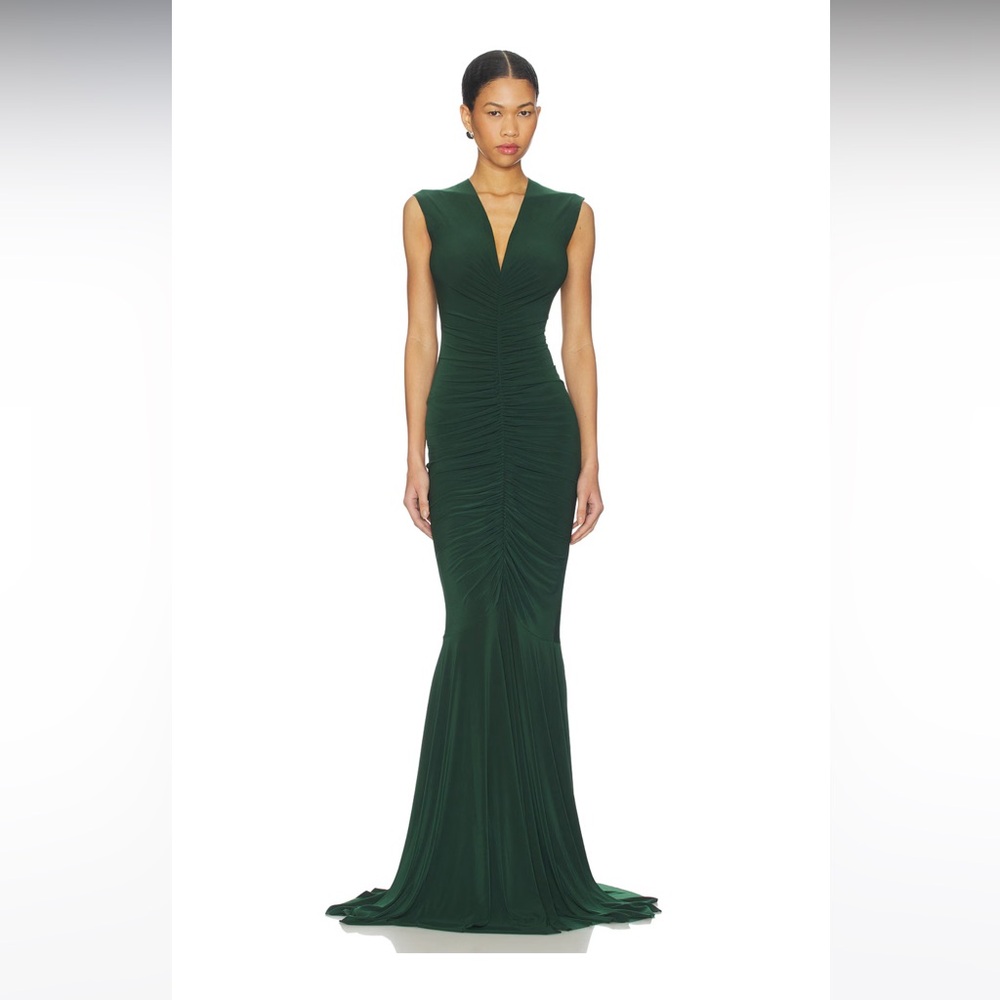 Norma Kamali Sleeveless Deep V Neck Shirred Front Fishtail Gown in Emerald